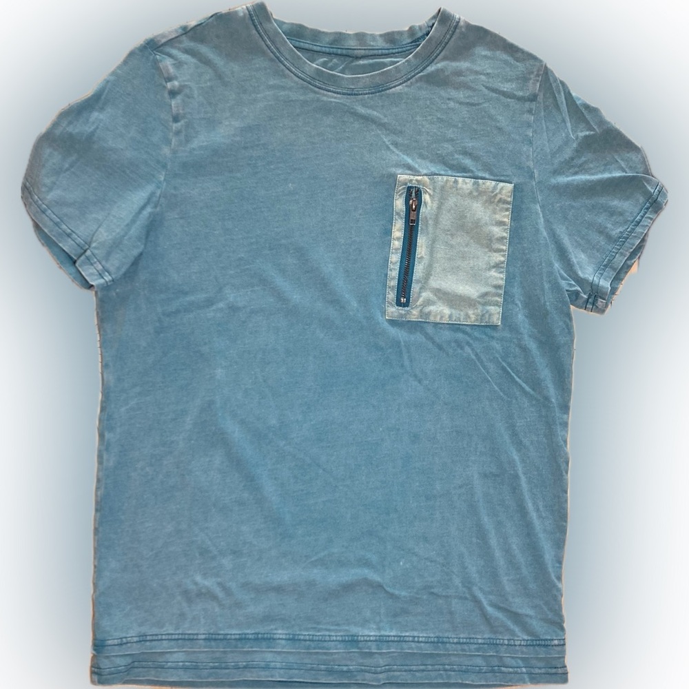 Stonewashed Faux Layered Short Sleeve Tee with Zipper Pocket